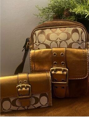 Coach Gold Monogram Metallic Trim Signature Crossbody and Small Wallet Set